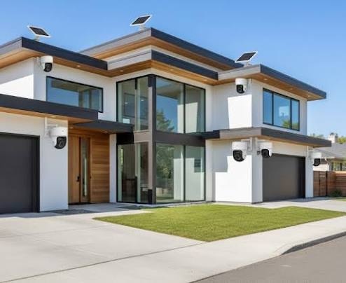 Modern home with a professionally installed exterior security camera